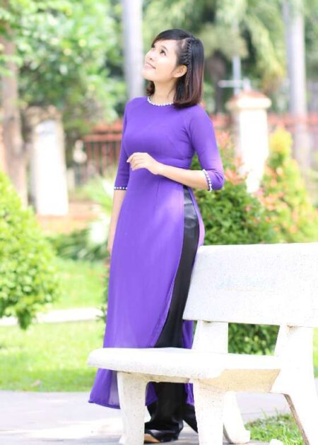 Áo dài chiffon tím Huế kết ngọc