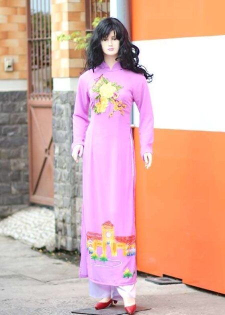 Áo dài chiffon tím vẽ hoạ tiết dán hoa 3D
