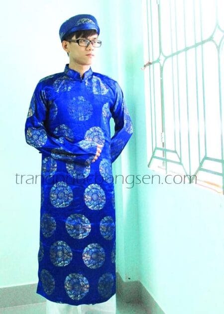 Áo dài nam gấm đồng tiền  màu xanh biển