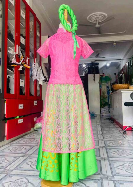 Áo dài trẻ em ren hồng tay ngắn