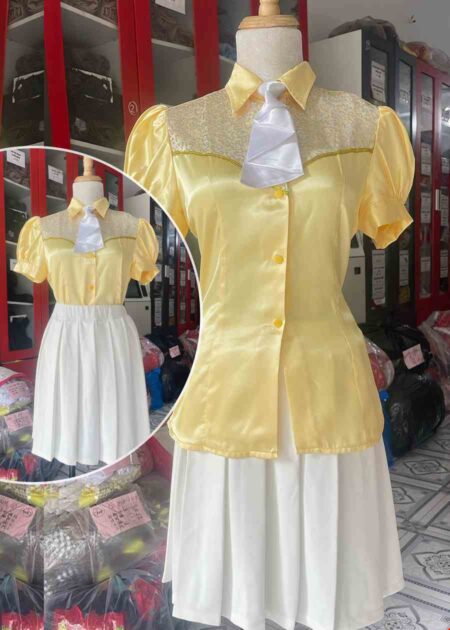 Áo sơ mi nữ vàng kim sa váy xếp ly trắng