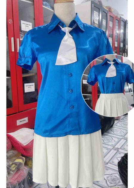 Áo sơ mi nữ xanh dương trơn váy xếp ly trắng