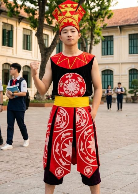 Âu Lạc nam màu đen viền đỏ, đai nhiều tà