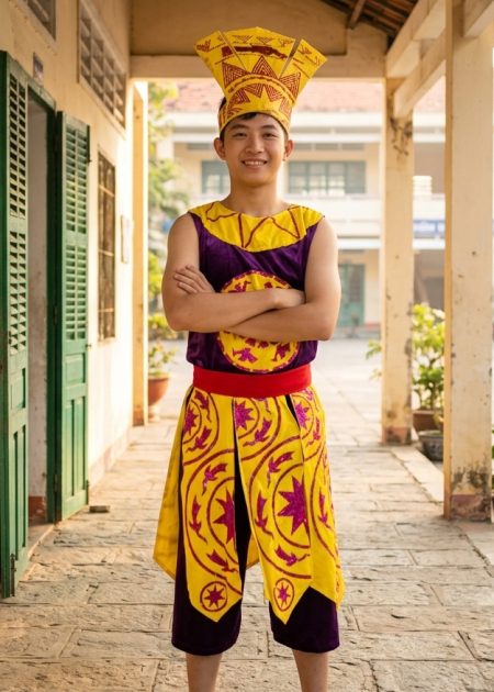 Trang phục Âu Lạc nam màu tím viền vàng, đai nhiều tà