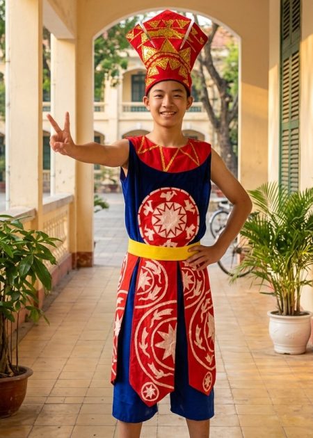 Trang phục Âu Lạc nam màu xanh viền đỏ, đai nhiều tà
