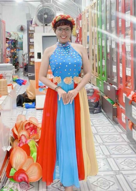 Đầm múa hát dân gian đương đại yếm xanh dương, tà 3 màu