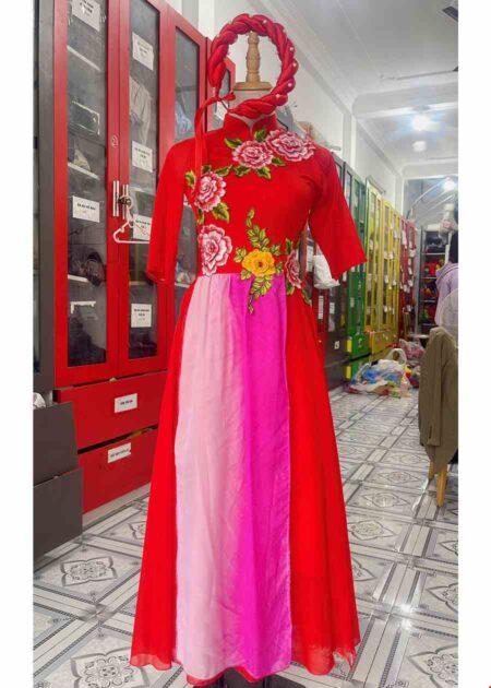 Đầm múa hát màu đỏ có tay 6 hoa