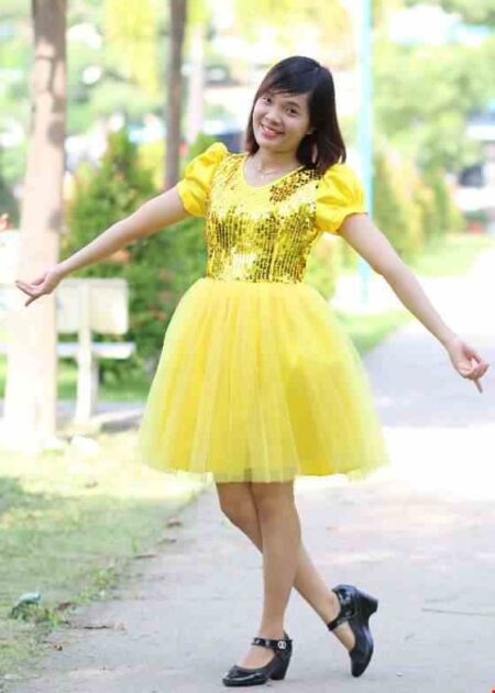 Đầm múa ngang gối kim sa - lưới vàng