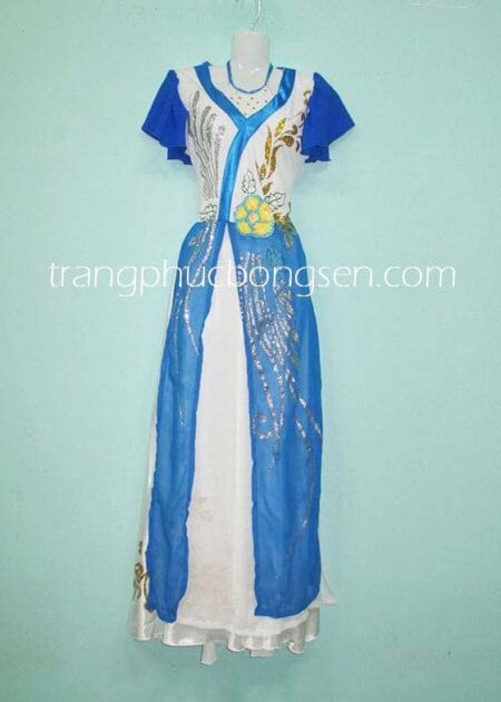 Đầm múa tà xanh trắng đính cườm