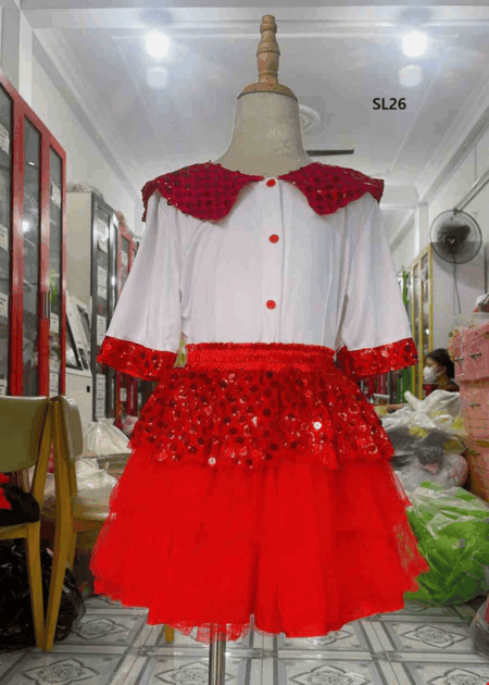 Đầm múa trẻ em Áo váy  múa trẻ em kim sa đỏ tay lửng