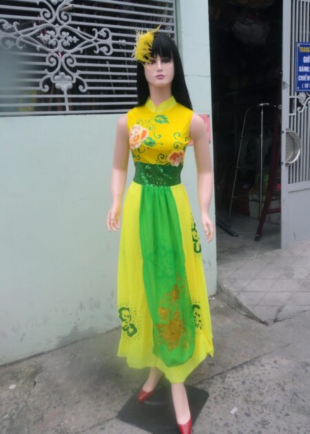 Đầm vàng cổ trụ kết hoa kim sa tà xanh