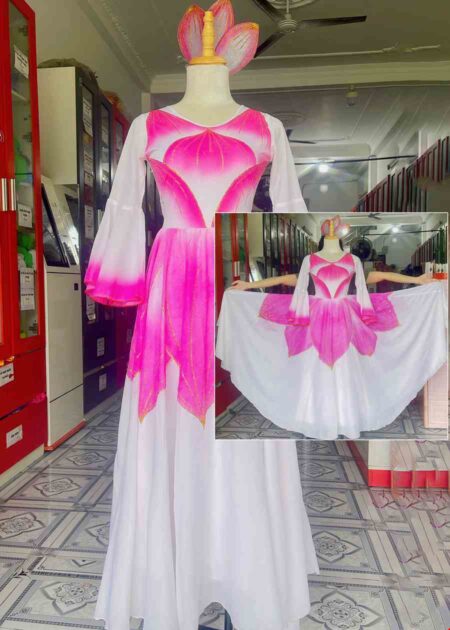 Đầm váy múa sen trắng hồng xòe 360 độ