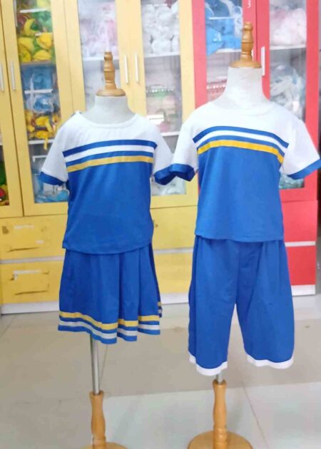 Đồ múa cổ động nam trắng xanh sọc ngang