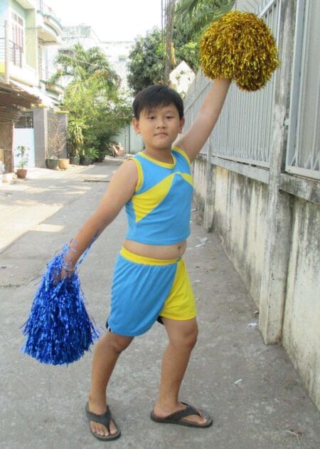 Đồ nhảy cổ động nam xanh da trời phối vàng