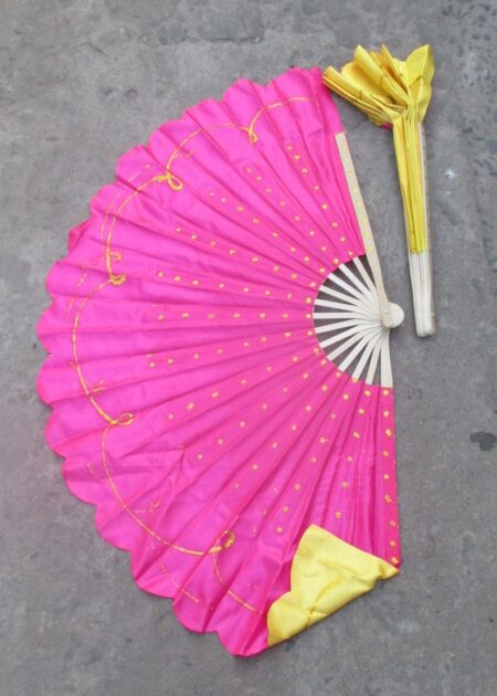 Quạt nan tre chấm bi kim tuyến 2 màu vàng - hồng