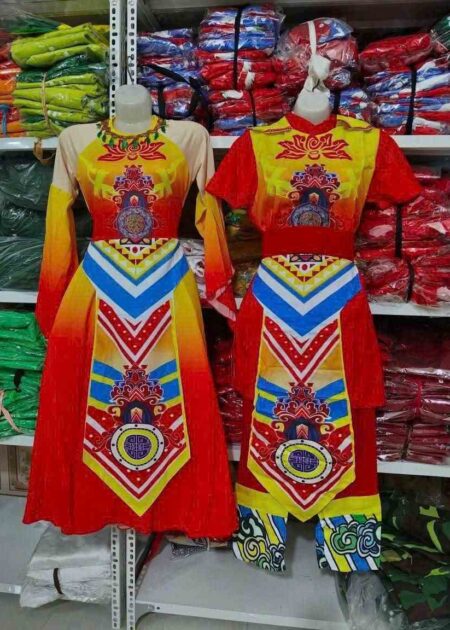 Trang phục Âu Lạc nam nữ múa hát sử ca, màu cam vàng