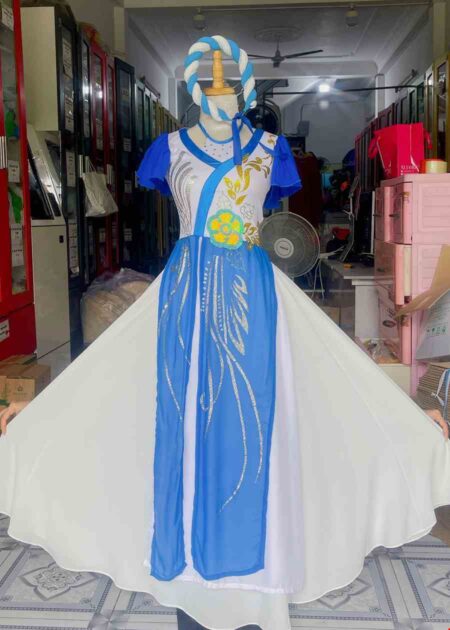 Trang phục hát múa áo dài trắng xanh dương nhiều tà tay cánh tiên