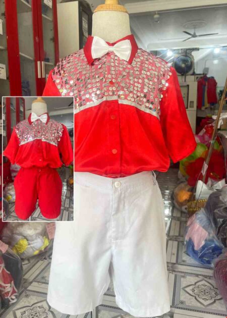 Trang phục hát múa trẻ em nam sơ mi kim sa đỏ quần short