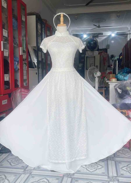 Trang phục múa hát áo dài ren lưới trắng tay ngắn váy trắng