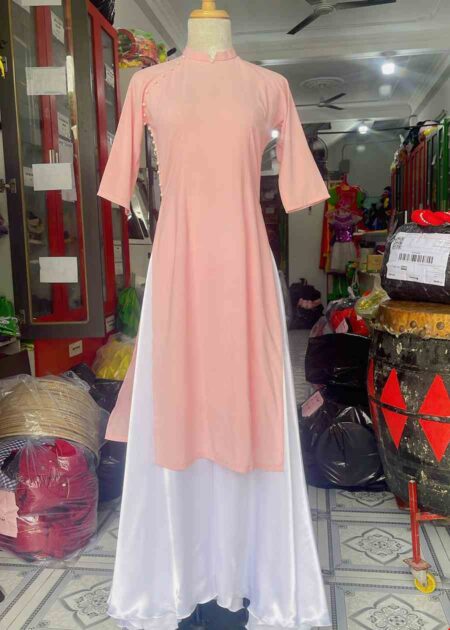 Trang phục múa hát basic áo dài lụa màu hường phối quần váy trắng