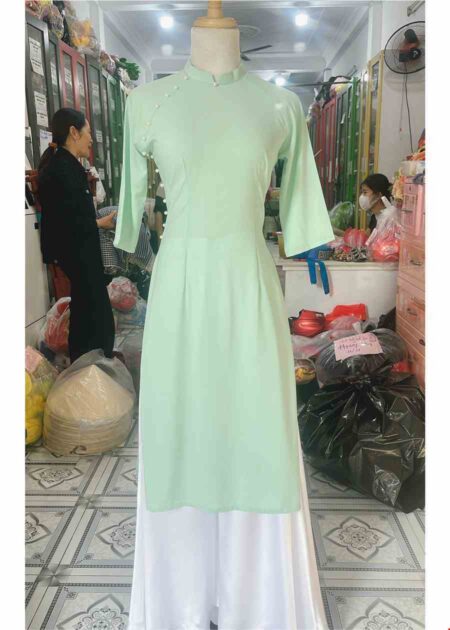 Trang phục múa hát basic áo dài lụa màu xanh pastel phối quần váy trắng