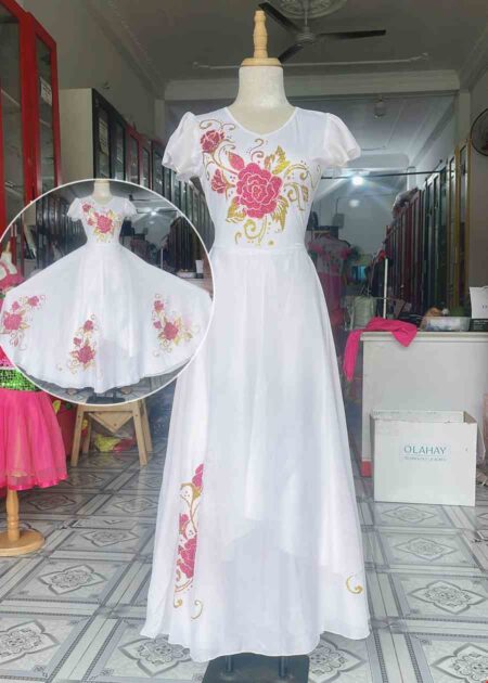 Trang phục múa hát đầm trắng hoa hồng tay cánh tiên