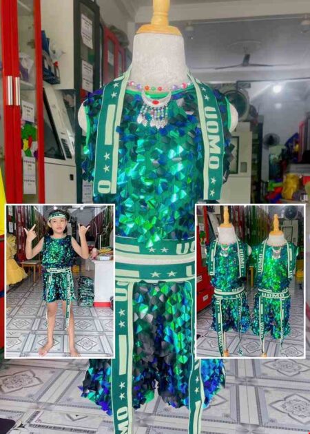 Trang phục nhảy hiện đại trẻ em kim sa xanh to đổi màu