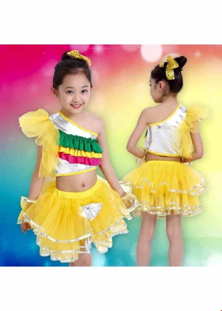 Trang phục nhảy hiện đại trẻ em thun da màu vàng bèo 3 tầng