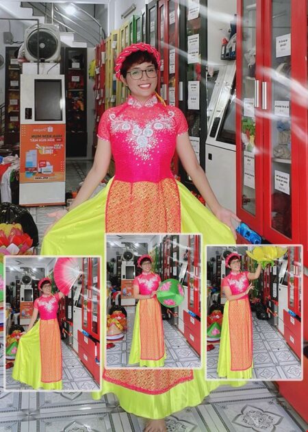 Váy đầm (áo dài)  múa hát ren hồng dán hoa 3D trắng và cườm trên ngực