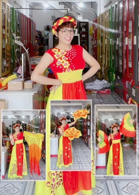 Váy đầm múa hát đương đại đỏ phối vàng trang trí hoa dán và cườm