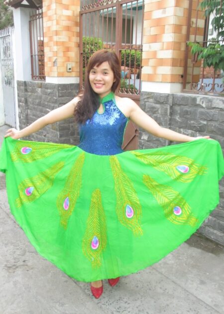 Váy múa công thân kim sa xanh